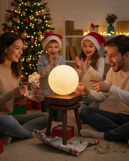 Parents and two children wearing Santa hats unveil a magnetic levitation moon lamp from its wooden base amidst holiday decorations — a heartwarming Christmas family gift moment