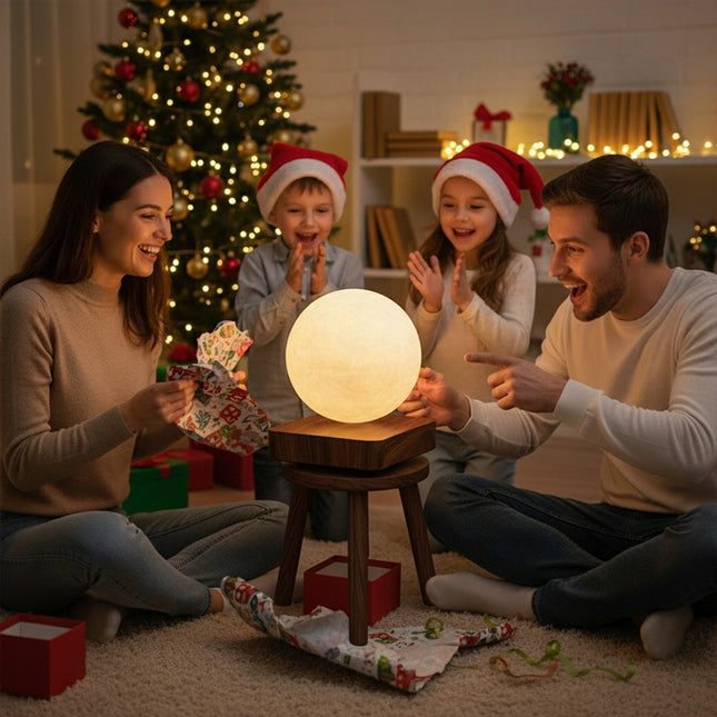 Parents and two children wearing Santa hats unveil a magnetic levitation moon lamp from its wooden base amidst holiday decorations — a heartwarming Christmas family gift moment