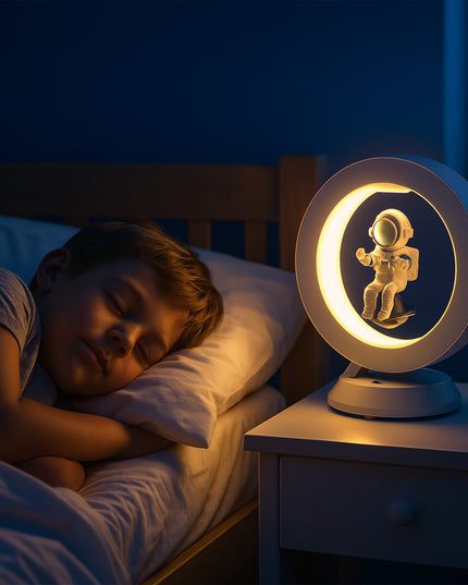 The little boy slept soundly, a warm-toned magnetic levitation astronaut night light resting on the bedside table, floating within a white ring