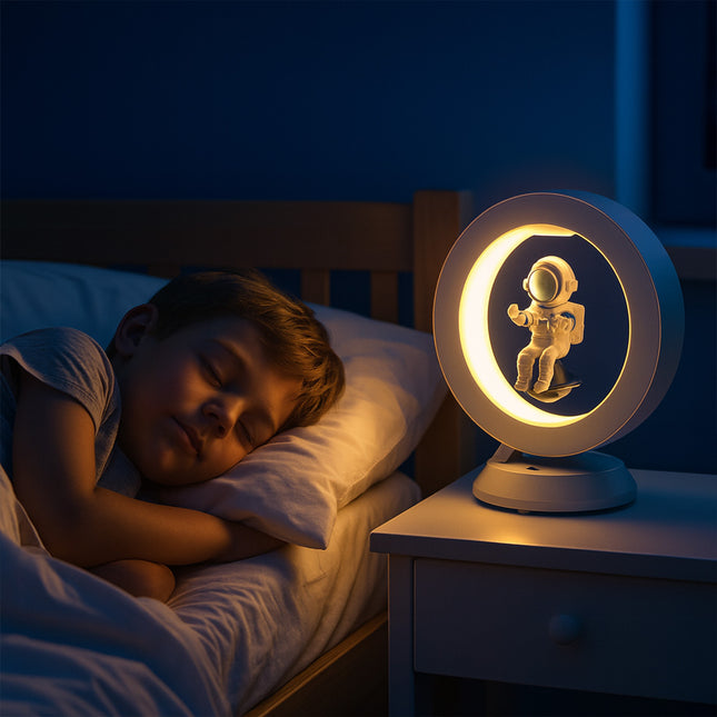 The little boy slept soundly, a warm-toned magnetic levitation astronaut night light resting on the bedside table, floating within a white ring