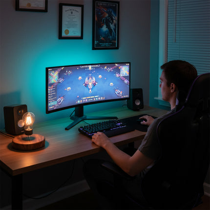 A young man plays games at his desk using a curved monitor, with a unique levitating light bulb, gaming gear, cool desktop accessories, and magnetic levitation decorations arranged on the surface
