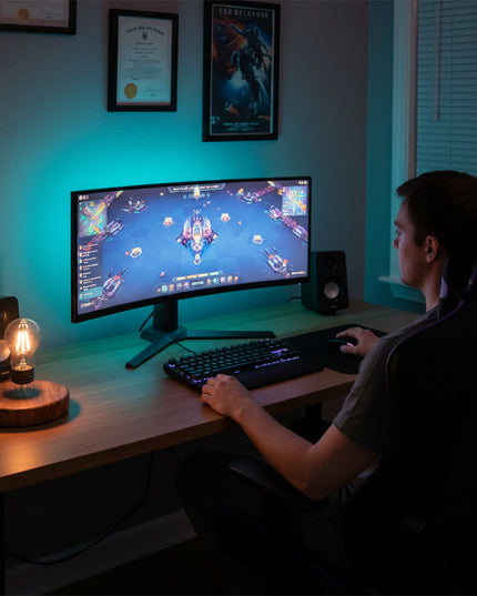 A young man plays games at his desk using a curved monitor, with a unique levitating light bulb, gaming gear, cool desktop accessories, and magnetic levitation decorations arranged on the surface