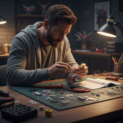 A focused man meticulously assembling a complex circular mechanical component, surrounded by organized parts, tools, and an instruction manual on a well-lit desk. This intricate DIY project is a perfect example of the engaging 3D puzzle metal kits we offer, designed to create a rewarding metal model for a unique and funny table display.
