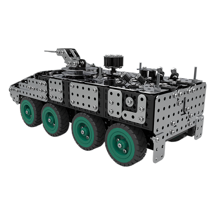 Sleek 3D puzzle metal model armored transport with six green rubber wheels and reinforced perforated panels, assembled from precision Metal Kits components