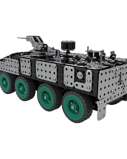 Sleek 3D puzzle metal model armored transport with six green rubber wheels and reinforced perforated panels, assembled from precision Metal Kits components