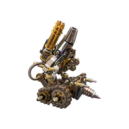 Side profile of the Tablefunny mechanical weapon metal assembly, featuring a prominent golden Gatling gun, shiny metallic barrel, and a sharp drill attachment. An advanced tablefunny desktop model with intricate gears and chains