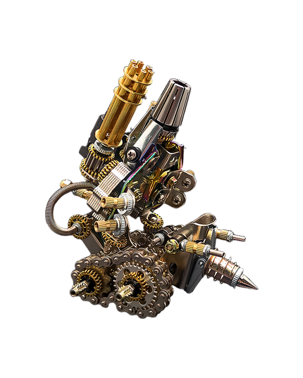 Side profile of the Tablefunny mechanical weapon metal assembly, featuring a prominent golden Gatling gun, shiny metallic barrel, and a sharp drill attachment. An advanced tablefunny desktop model with intricate gears and chains