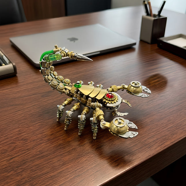Close-up of a steam punk mech scorpion metal model featuring intricate brass gears and a metallic stinger on a wooden desk.