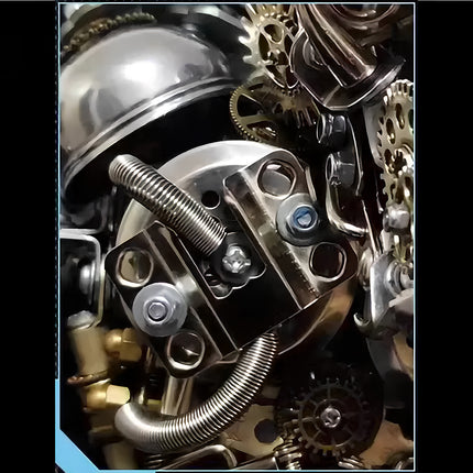 Macro shot of mechanical steampunk elements, featuring bolts, gears, and springs in a metallic puzzle structure, demonstrating the detail found in 3D puzzle Metal Kits.