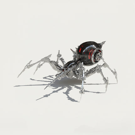 Table Funny 3D Puzzle Metal Kits Mechanical Spider Artwork - A sleek, futuristic creation for DIY enthusiasts, sci-fi/mechanical design lovers, and decor admirers, this piece from Table Funny is an intricate mechanical spider assembled from 3D puzzle metal kits. It features a black-and-silver metallic structure with glowing red accents, exposed gear mechanics, poseable multi-jointed legs, and a bulbous articulated abdomen, paired with a cyberpunk-inspired industrial aesthetic