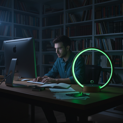 A man working on a computer at night, next to modern magnetic levitation lights, emitting soft green light, unique home office decor