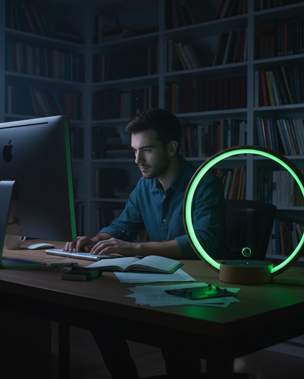 A man working on a computer at night, next to modern magnetic levitation lights, emitting soft green light, unique home office decor