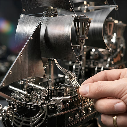 Adjusting a black mechanical steampunk ship metal model featuring detailed rigging and cannons.