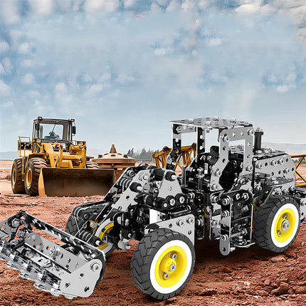Tablefunny DIY 3D puzzle Metal Kits featuring a mechanical steampunk tractor with complex, functional-looking attachments.
