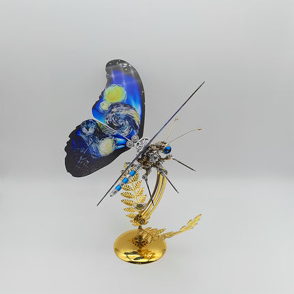 Luxe 3D puzzle metal kits of art-inspired mechanical butterfly - finished diy funny table ornament with intricate gear details, shimmering blue wings & elegant golden fern-shaped stand
