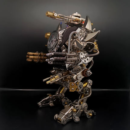 Side profile of a mechanical steampunk robot Taurus metal model 3D puzzle Metal Kit, showcasing its intricate chrome and brass components, exposed gears, multi-barrel weapons, and a functional watch integrated into its chest. This highly detailed steam punk mech is a challenging steampunk puzzle for advanced builders.