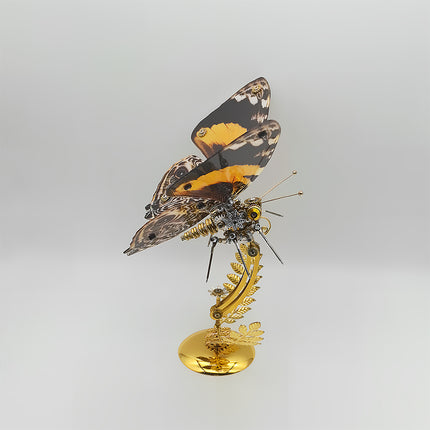 Funny table accent - finished DIY 3D puzzle metal model (steampunk black-orange butterfly) from metal kits, decorative mechanical insect with golden fern stand