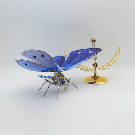 Dynamic sapphire-blue mechanical butterfly DIY 3D puzzle metal model - chic funny table decor suitable for tea tables, entryway displays & creative gifts, assembled from detailed metal kits with adjustable gilded stand
