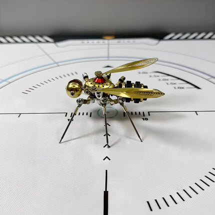 Side view of a stunning steampunk bee 3D puzzle metal kit on a white grid, showcasing its intricate mechanical steampunk features, delicate golden wings, and a glossy segmented body.