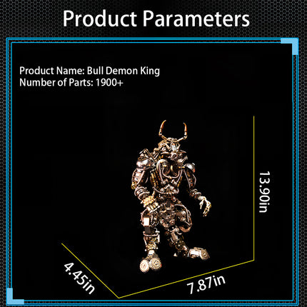 Product parameters for the 'Bull Demon King' metal model, a DIY 3D puzzle with over 1900 parts, displaying its dimensions for a funny table centerpiece. This detailed Metal Kits offers a challenging and rewarding assembly experience.