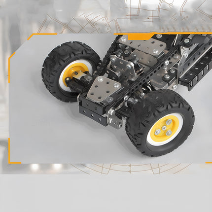 Intricate mechanical steampunk details of a racing vehicle, featuring yellow wheel hubs and rugged steam punk mech components.