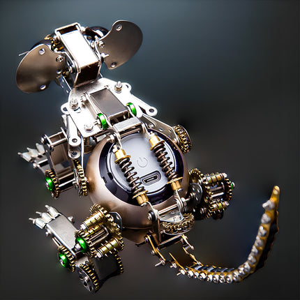 Top-down view of a `steam punk mech` mouse `metal model`, revealing the intricate internal `mechanical steampunk` components and power details of this `3D puzzle Metal Kits`.