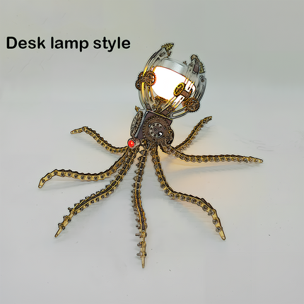 Steampunk Mechanical Octopus Desk Lamp 3D Puzzle Metal Kit - A functional fun toy for mechanics, design lovers, and lighting enthusiasts, this DIY-assembled piece combines a mechanical octopus with a desk lamp. It features a glowing lamp head, intricate gears, articulated chain-like tentacles, and serves as both an artistic decor and a practical light source. It embodies "a fusion of steampunk artistry and functional design", challenging you to craft a multi-purpose piece of luminous artistry with precision