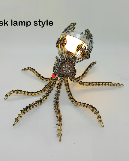 Steampunk Mechanical Octopus Desk Lamp 3D Puzzle Metal Kit - A functional fun toy for mechanics, design lovers, and lighting enthusiasts, this DIY-assembled piece combines a mechanical octopus with a desk lamp. It features a glowing lamp head, intricate gears, articulated chain-like tentacles, and serves as both an artistic decor and a practical light source. It embodies "a fusion of steampunk artistry and functional design", challenging you to craft a multi-purpose piece of luminous artistry with precision