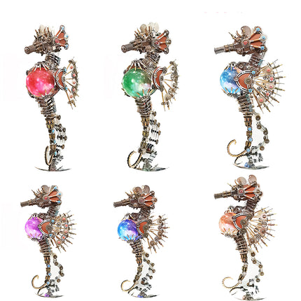 Grid view of Steampunk Seahorse **3D metal puzzles** displaying six different planet light color options on a white background.
