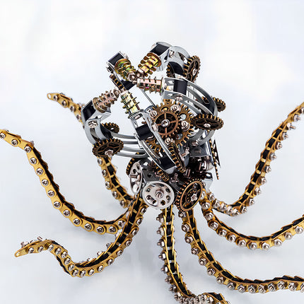 Close-up of gear mechanisms in a steampunk octopus metal model, an intricate 3D puzzle and DIY project from Tablefunny metal kits.