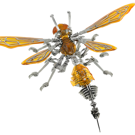 Transparent background image of a detailed metal insect model kit with amber wings and body segments.