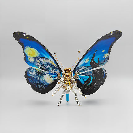 A magnificent frontal view of an artistic steampunk puzzle, this mechanical butterfly features wide wings beautifully adorned with Van Gogh's "The Starry Night," showcasing an intricate gold and silver mechanical body. This symmetrical metal model highlights the profound mechanical steampunk design, making it an impressive 3D puzzle Metal Kit for hobbyists or a captivating steampunk mech display piece that truly merges classical art with precision engineering.