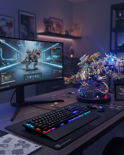 Impressive DIY metal model of a mechanical dragon, a detailed 3D puzzle metal kit, illuminated on a gaming funny table next to a monitor displaying a similar virtual creature.