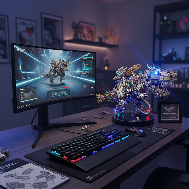Impressive DIY metal model of a mechanical dragon, a detailed 3D puzzle metal kit, illuminated on a gaming funny table next to a monitor displaying a similar virtual creature.