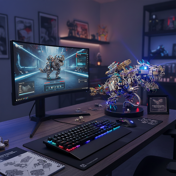 Impressive DIY metal model of a mechanical dragon, a detailed 3D puzzle metal kit, illuminated on a gaming funny table next to a monitor displaying a similar virtual creature.