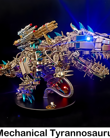 Tablefunny Mechanical Tyrannosaurus Rex metal assembly model, featuring futuristic weapons and glowing blue accents. This impressive tablefunny desktop mecha dinosaur is a unique collectible for sci-fi and puzzle enthusiasts