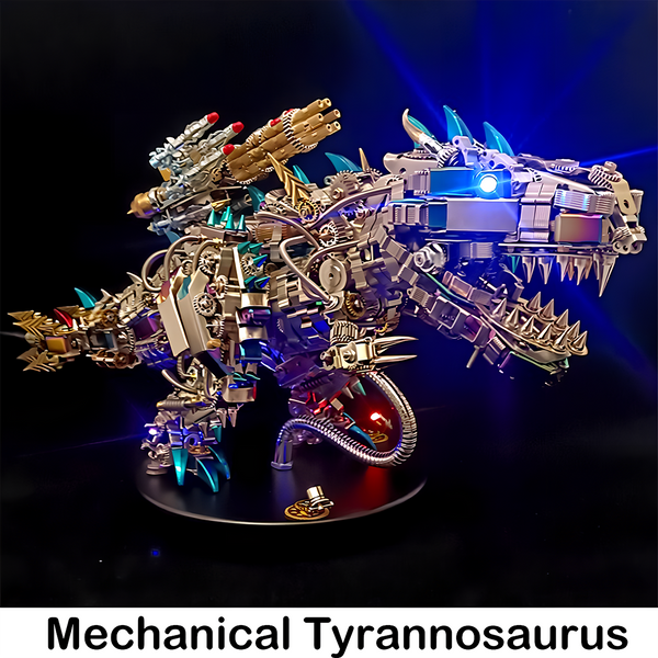 Tablefunny Mechanical Tyrannosaurus Rex metal assembly model, featuring futuristic weapons and glowing blue accents. This impressive tablefunny desktop mecha dinosaur is a unique collectible for sci-fi and puzzle enthusiasts
