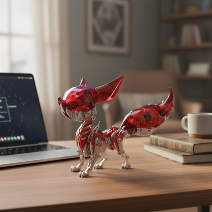 Shiny red and silver Fox Metal Model on a desk, a charming DIY 3D puzzle that adds a playful touch to any funny table setup.