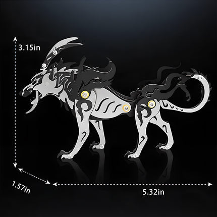 Striking metal model of a stylized wolf king, a fierce 3D puzzle featuring black flame-like accents and sharp details, with dimensions 5.32in x 3.15in x 1.57in. An intricate steampunk puzzle and mechanical steampunk metal kit.