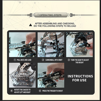 Step-by-step instruction images for operating a DIY metal catapult 3D puzzle model — showing how to load, adjust, and fire the mechanical structure