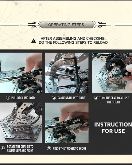 Step-by-step instruction images for operating a DIY metal catapult 3D puzzle model — showing how to load, adjust, and fire the mechanical structure