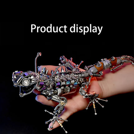  Product display of a mechanical lizard metal model held in hand, showcasing a detailed 3D puzzle for steampunk and mechanical art collectors.