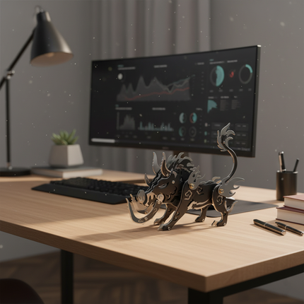 Tablefunny Black and Silver Metal Mythical Beast 3D Assembly Model Kit, intricate metal puzzle with prominent tusks and flame accents, decorative office desk accessory