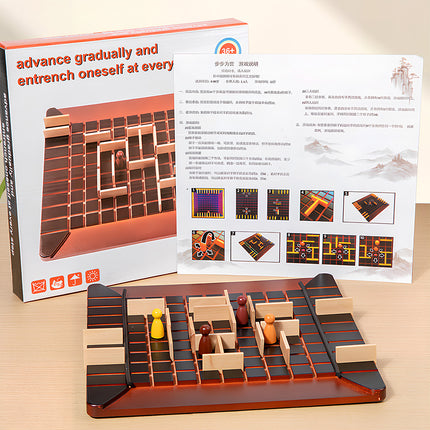 Full display of "Advance Gradually and Entrench Oneself at Every Step" board game components, including the box art, rulebook, and the strategic game board itself, making for a truly funny table game experience