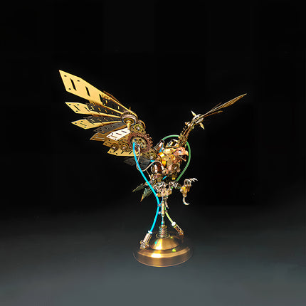  Golden steampunk eagle mech metal model with dynamic wings and vibrant blue tubing, a complex 3D puzzle for mechanical steampunk enthusiasts.