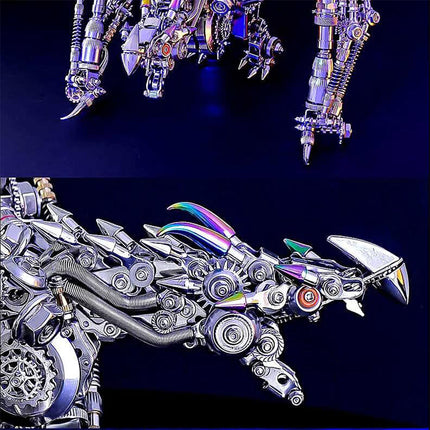Funny table decor cyberpunk mechanical spirit dragon 3D puzzle metal kit - close-up details of DIY metal model with iridescent accents, interlocking gears, flexible braided tubes, and polished metallic joints, designed as a futuristic desk centerpiece