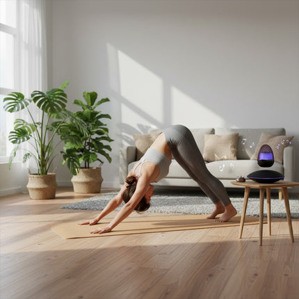 The floating speaker hovers above a magnetic levitation base, placed on a coffee table, with a woman practicing yoga beside it.