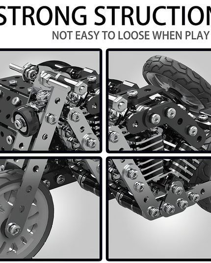 Close-up details of a metal motorcycle 3D puzzle model showing strong structure and reinforced joints. DIY Metal Kit built for durability and mechanical precision