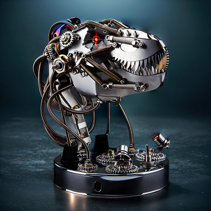 Funny table decor steampunk T-Rex head 3D puzzle metal kit - DIY mechanical metal model with sharp metallic teeth, glowing red LED eye, exposed interlocking gears, and flexible braided tubes, designed as a striking desk centerpiece