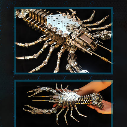 Dual-view steampunk-cyber mechanical lobster: Detail close-up (top) & handheld size demo (bottom), a funny table decor for craft showcase